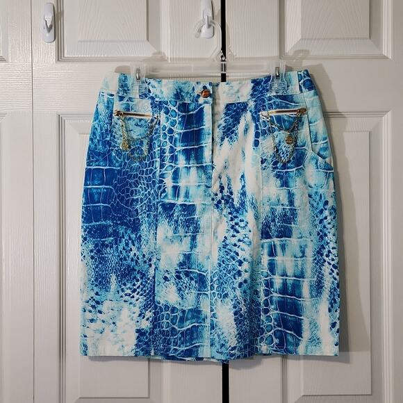Carlisle Women's Blue & White Alligator Print Knee Length Skirt Size 10 Chains - Picture 1 of 12